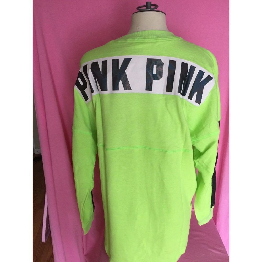 NWT XS Victoria's Secret PINK Neon Green Black Mesh Varsity Crew Sweatshirt Top - Picture 9 of 12